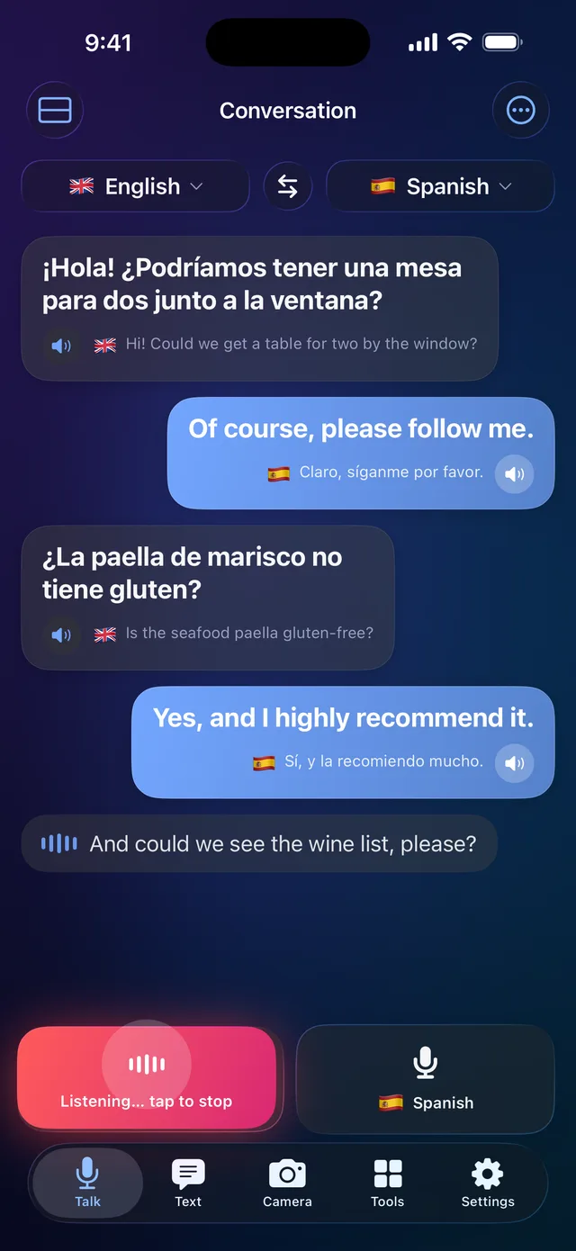 A live translated conversation between English and Spanish in Fast Translate Now